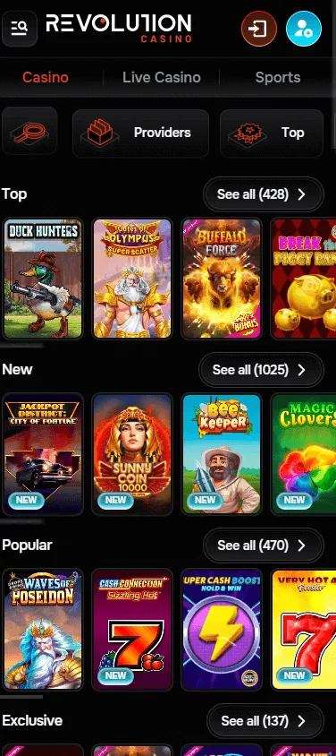 Revolution Casino game selection on mobile