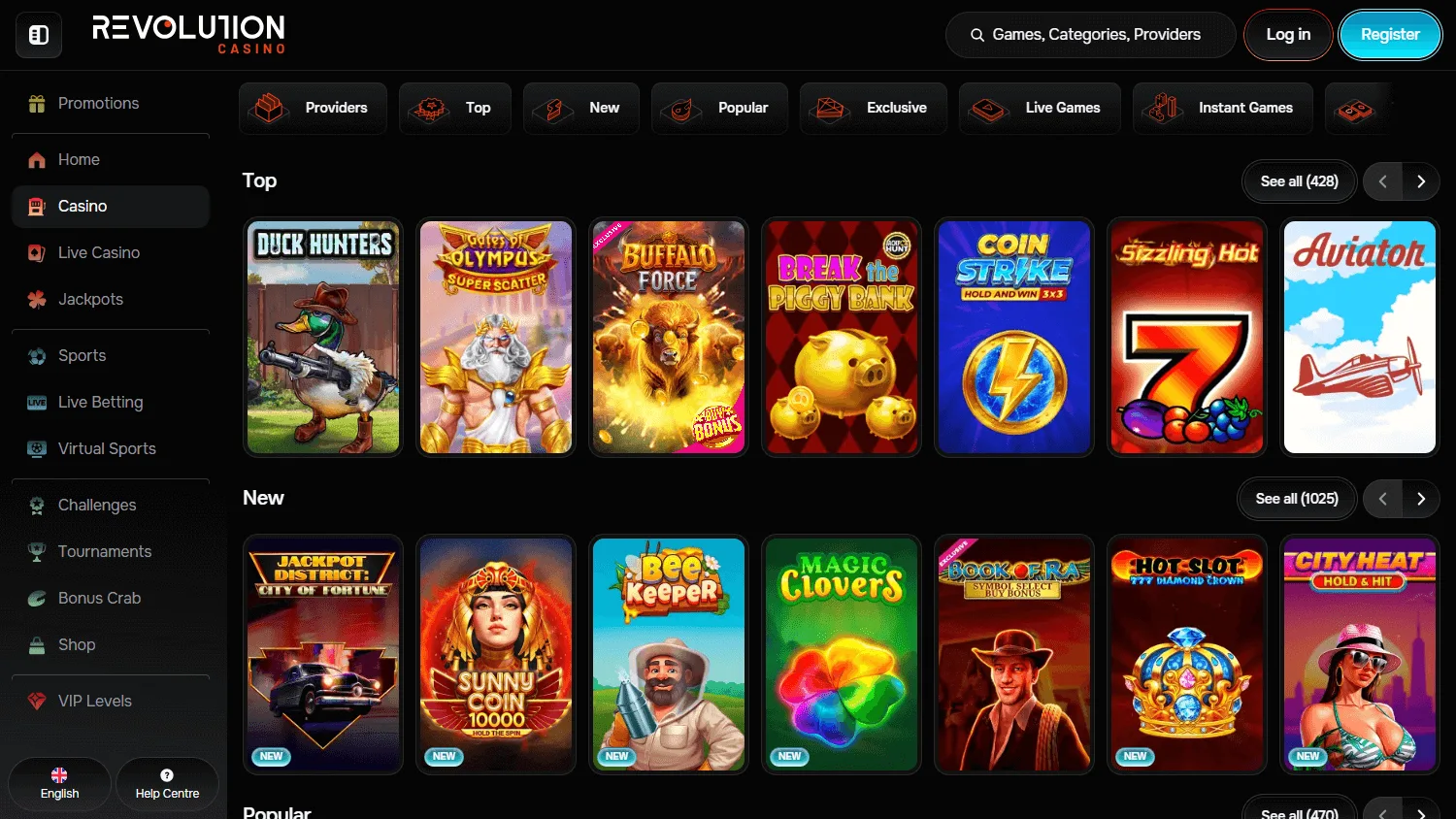 Revolution Casino game selection on desktop