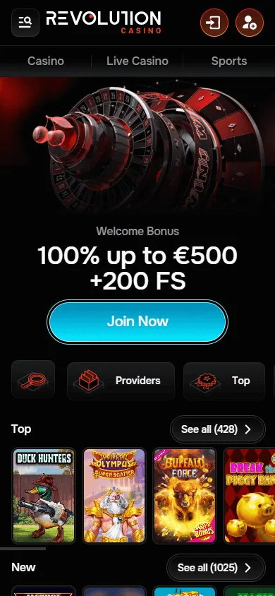 Revolution Casino home experience on mobile