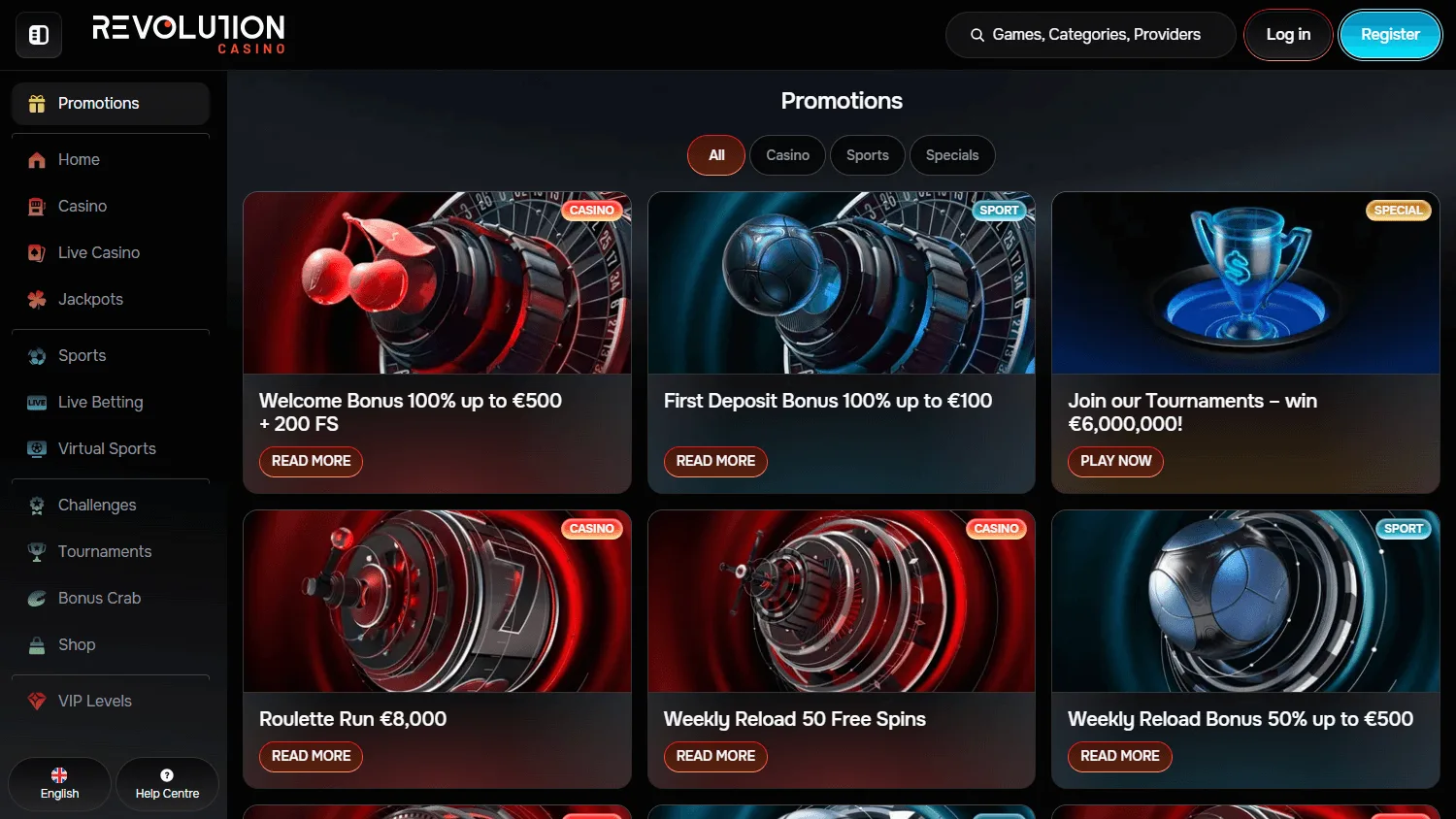 Revolution Casino promotions on desktop