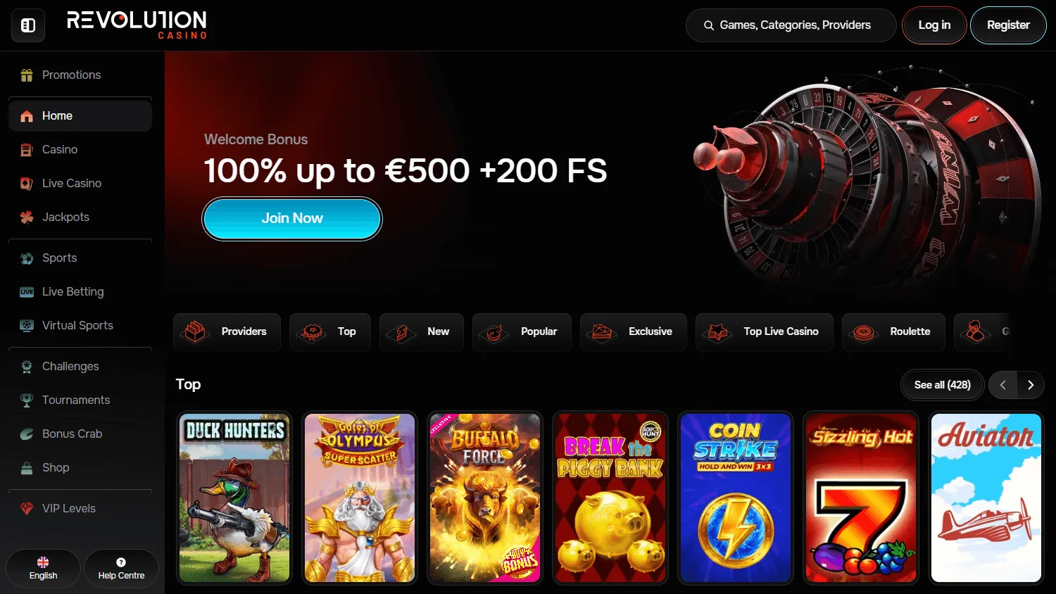 Revolution Casino home experience on desktop