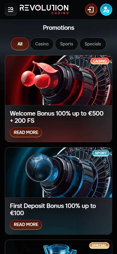 Revolution Casino promotions on mobile